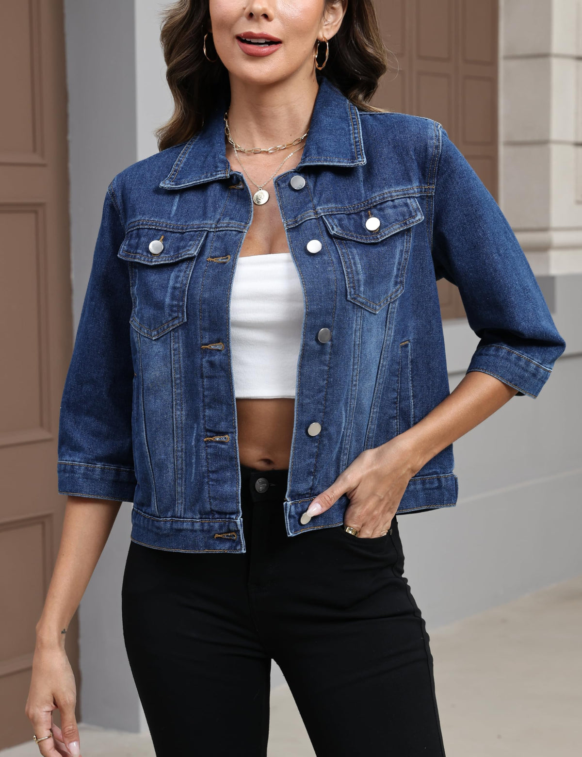 Unilexi Women's 3/4 Sleeve Colored Cropped Denim Jacket Light Wash Short Jean Trucker Coat(0096-darkblue-xs) - Dark Blue