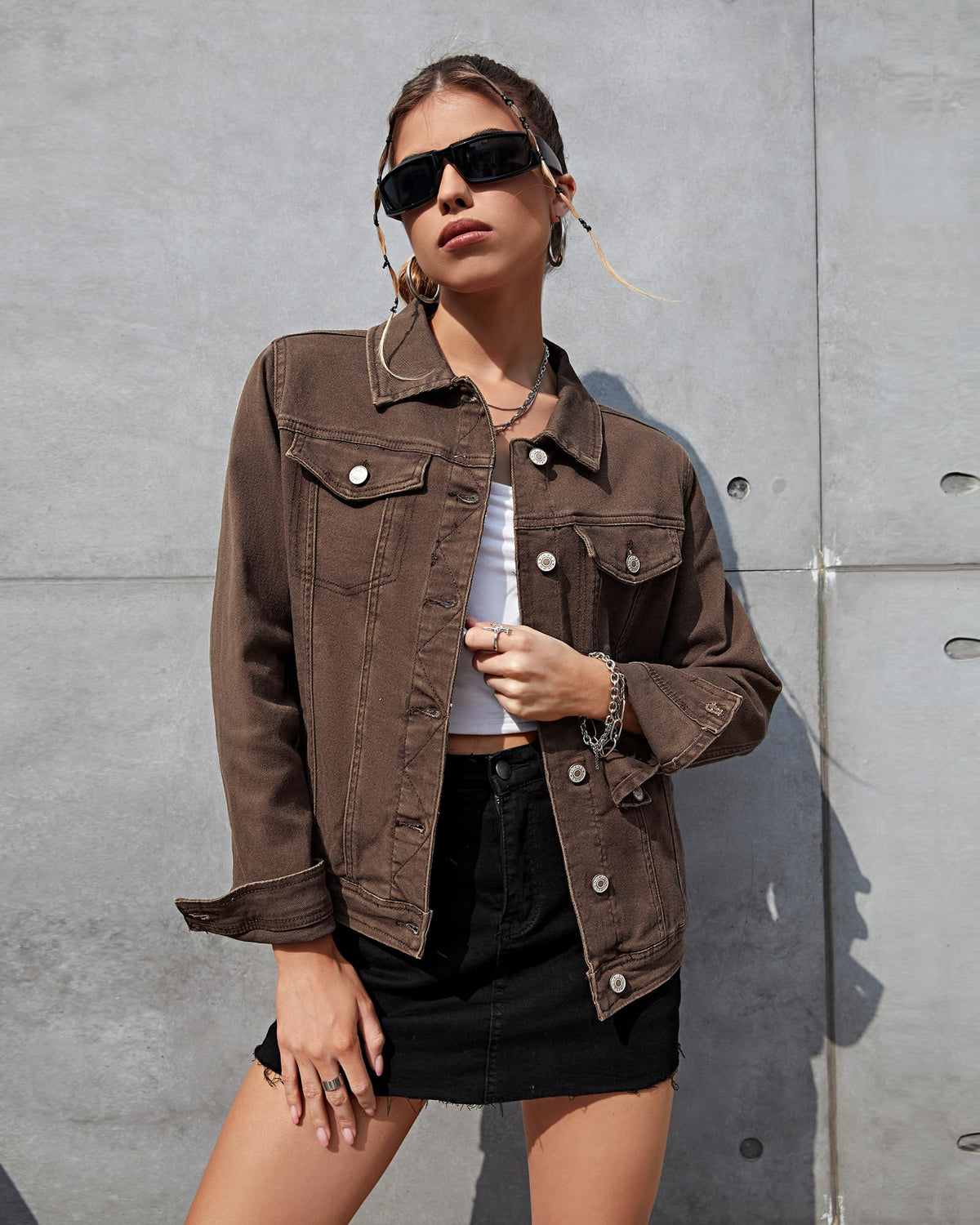 Luvamia Brown Jean Jacket Casual Jackets For Women Fall - Mustang