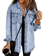 Vetinee Women's Womens Jacket Oversized Boyfriend Roadnight Blue Front Button Up Frayed Raw Hem Long Sleeve Pockets Denim Jean Shacket