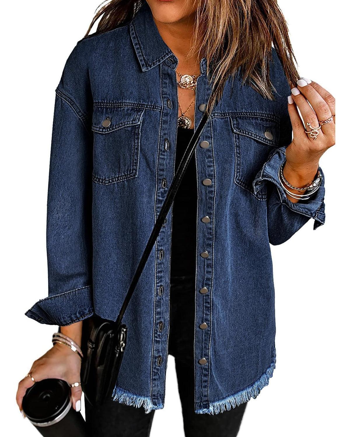 Vetinee Women's Oversized Button Up Frayed Hem Shacket Long Sleeve Pockets Denim Jacket - Dark Blue