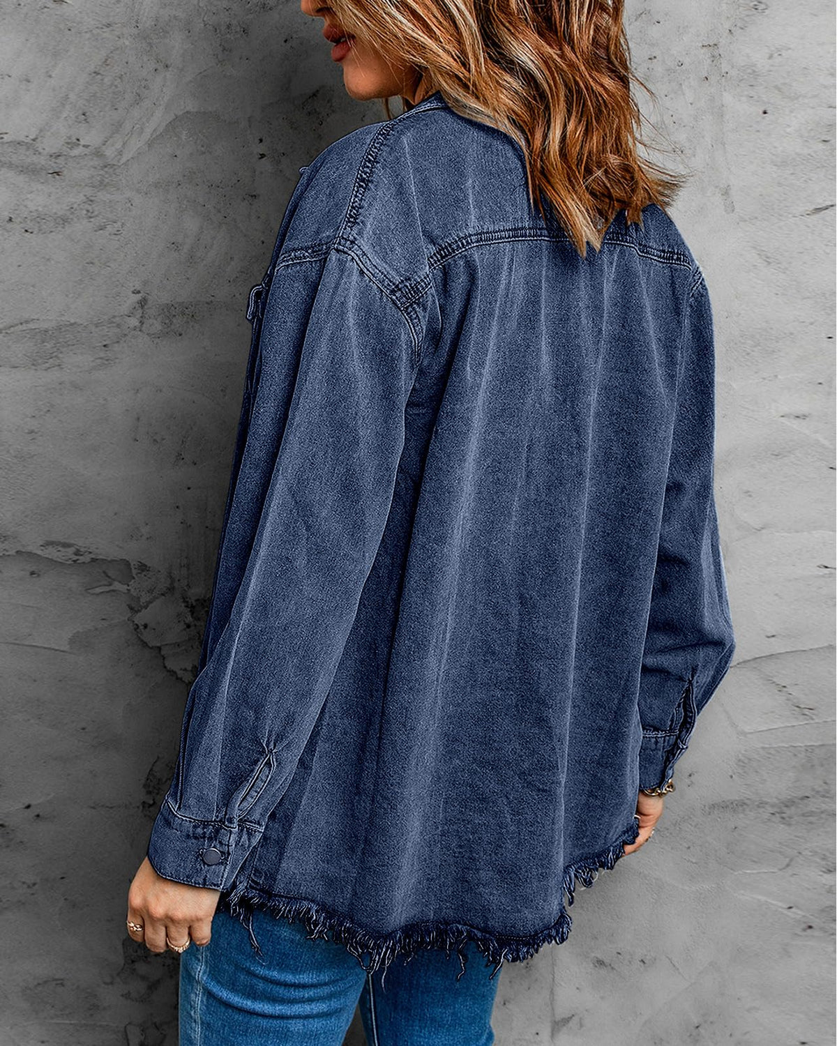 Vetinee Women's Denim Jackets Bay Blue Front Button Up Frayed Raw Hem