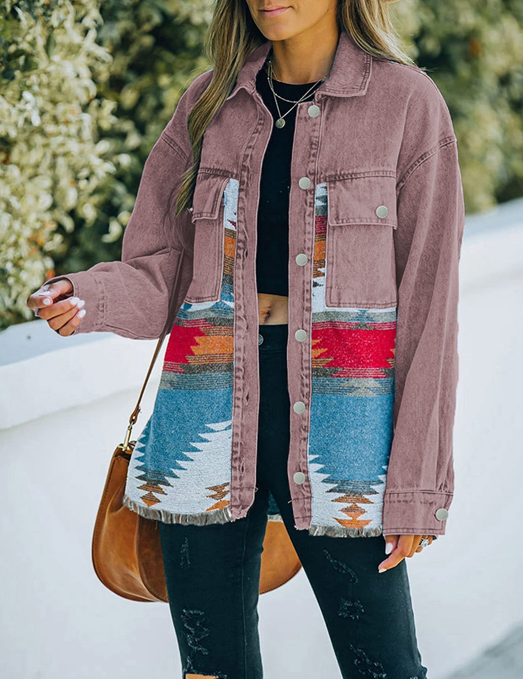 Lumister Women's Aztec Denim Jacket Distressed Long Sleeve Vintage Red Button Down Green Shacket(0007-vintageclaret-l) - Claret