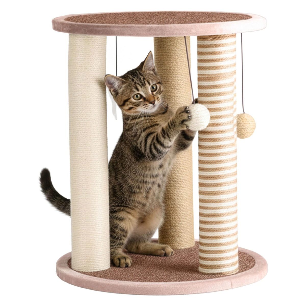 Cat Scratching Post - 3 Scratcher Posts with Carpeted Base Play Area and Perch - Furniture Scratching Deterrent for Indoor Cats by PETMAKER (Brown), Large