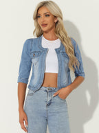 Allegra K Women's Denim Cardigan 3/4 Sleeve Collarless Jean Jackets - Light Blue