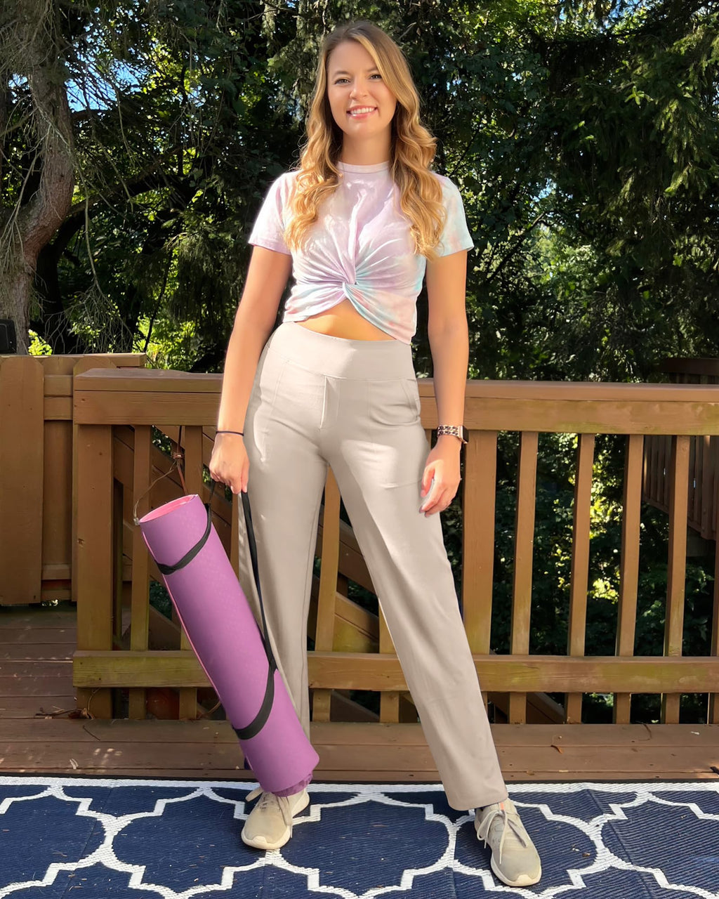 G4free Women Wide-Leg Pants With Pockets Office Light Khaki M Petite