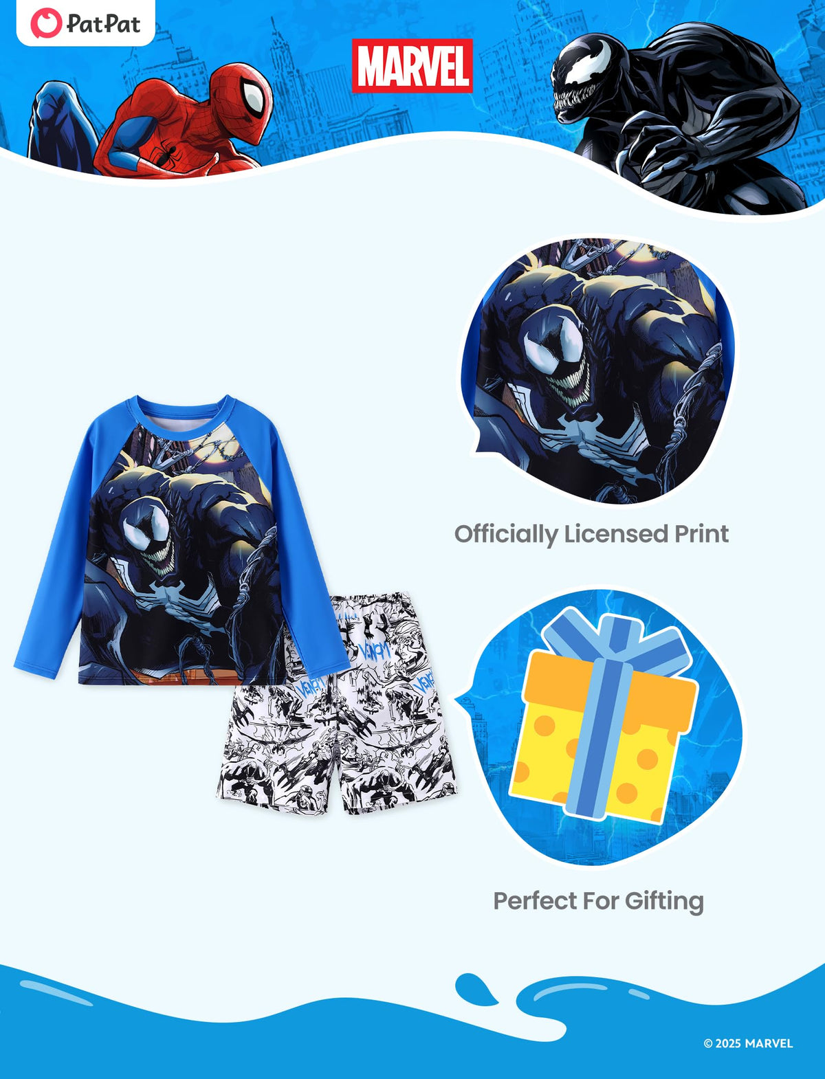 Disney Marvel Venom Boys Swim Set Child Quick Dry Swimsuit Elastic Bathing Suit Long Sleeve Swimwear Set Summer Rash Guard Shirt & Swim Trunks Teen Boy Blue Clothes UPF 50+ 2 Pieces Outfit 11-12 Years