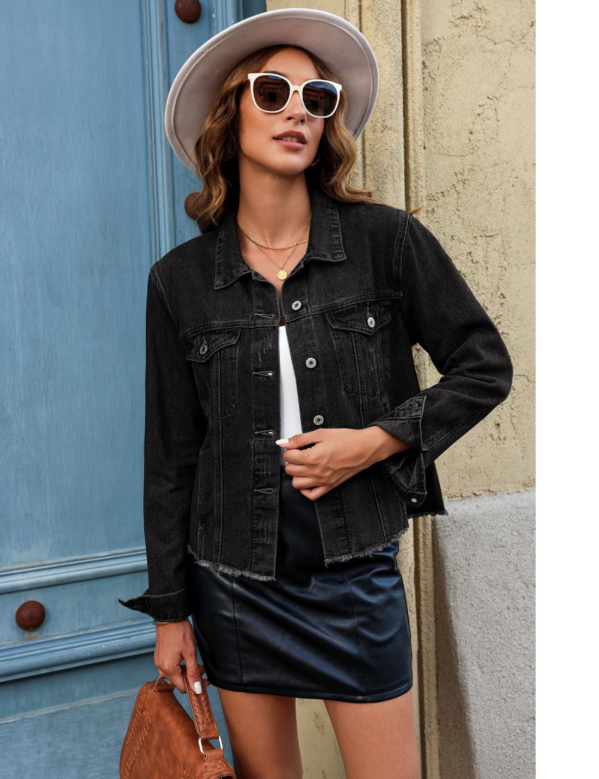 Luvamia Distressed Black Denim Jacket For Women - Lightweight Fall Short Jean Top, Shacket - Graphite Size Medium Fits 8-10