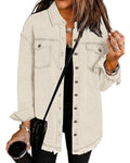 Vetinee Women's Oversized Button Up Frayed Hem Shacket Long Sleeve Pockets Denim Jacket - Cannoli Cream
