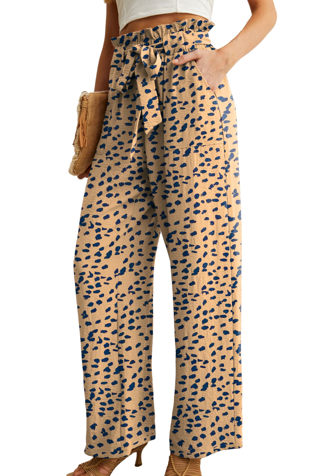 Iwollence Women Flowy Palazzo Pants Adjustable Knot - 27 Ld Apricot