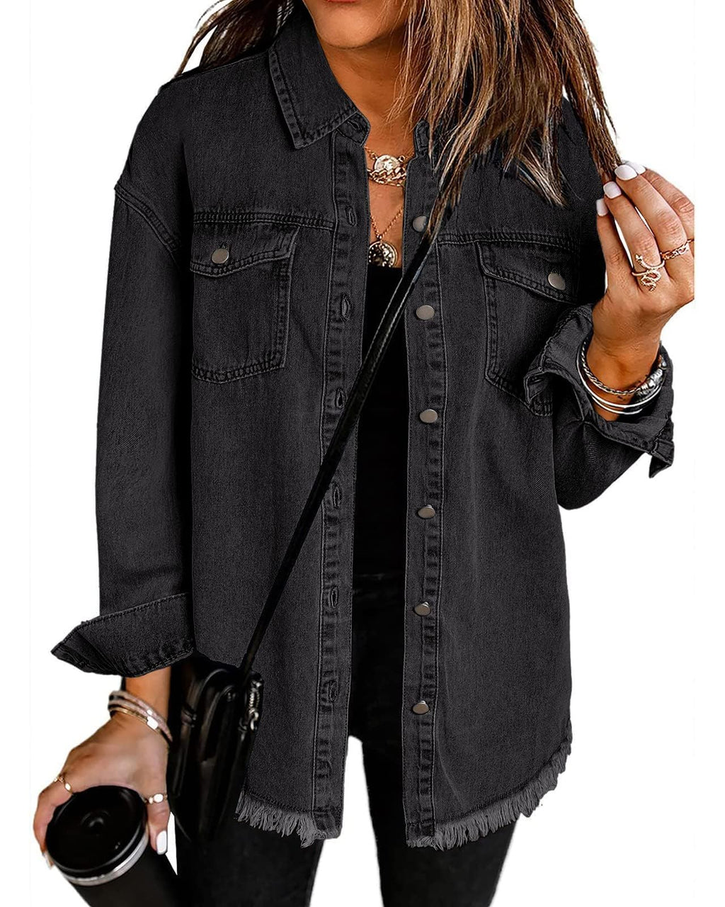 Vetinee Women's Oversized Boyfriend Denim Jean Jacket With Buttons - Black