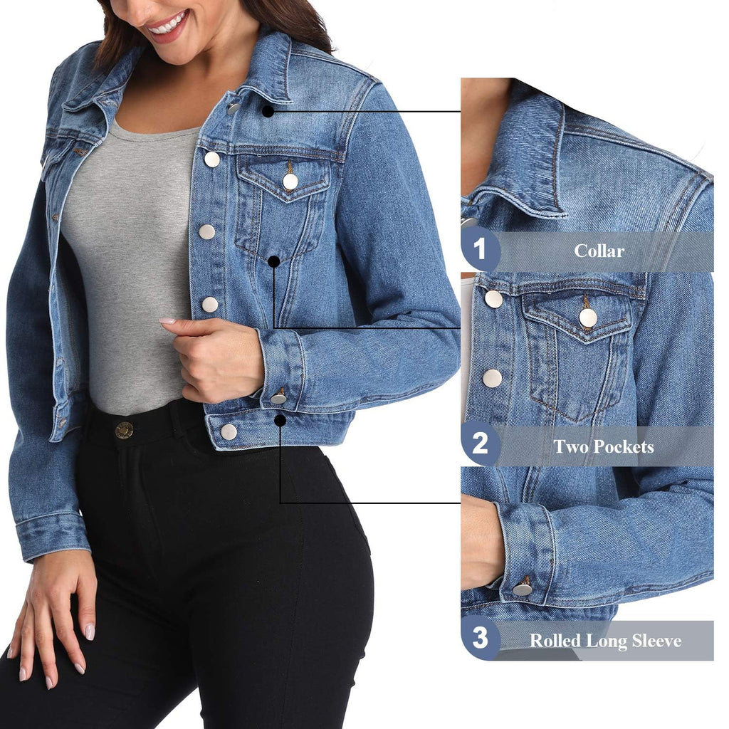 Andy & Natalie Women's Denim Jackets Trendy Long Sleeve Basic Button Down Crop Jean Jacket With Pockets Blue X-large