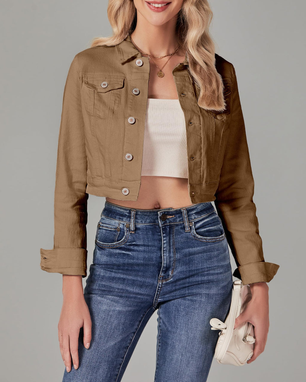 Luvamia Casual Long Sleeve Button Down Stretchy Jean Jacket Women Denim Cropped Jackets For Outfit Almond Brown Size Large Fits 12 / 14