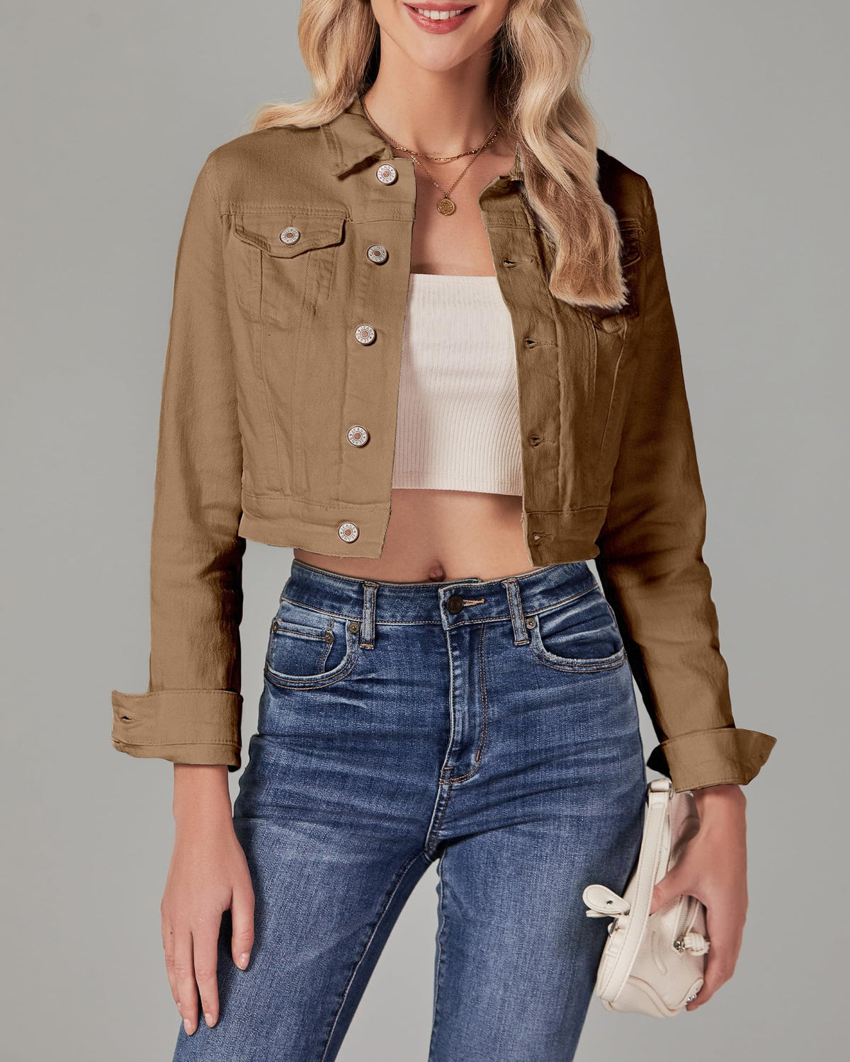 Luvamia Women's Fashion Long Sleeve Button Down Stretchy Jean Jacket - Plus Size Denim - Vintage Almond Brown Xx-large / 20-22