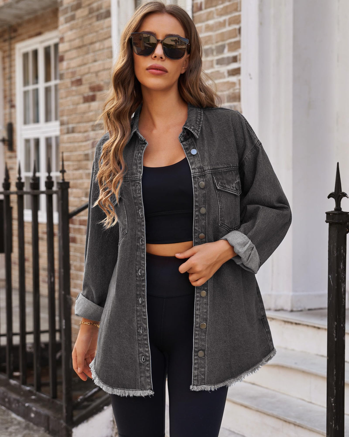 Vetinee Women's Oversized Button Up Frayed Hem Shacket Long Sleeve Pockets Denim Jacket - Smoky Gray