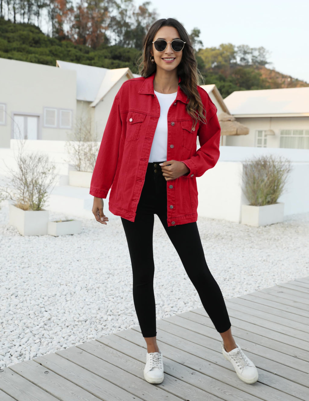 Omoone Women's Oversized Mid Long Denim Jacket Jean Biker Coat(0199-red-xxl)