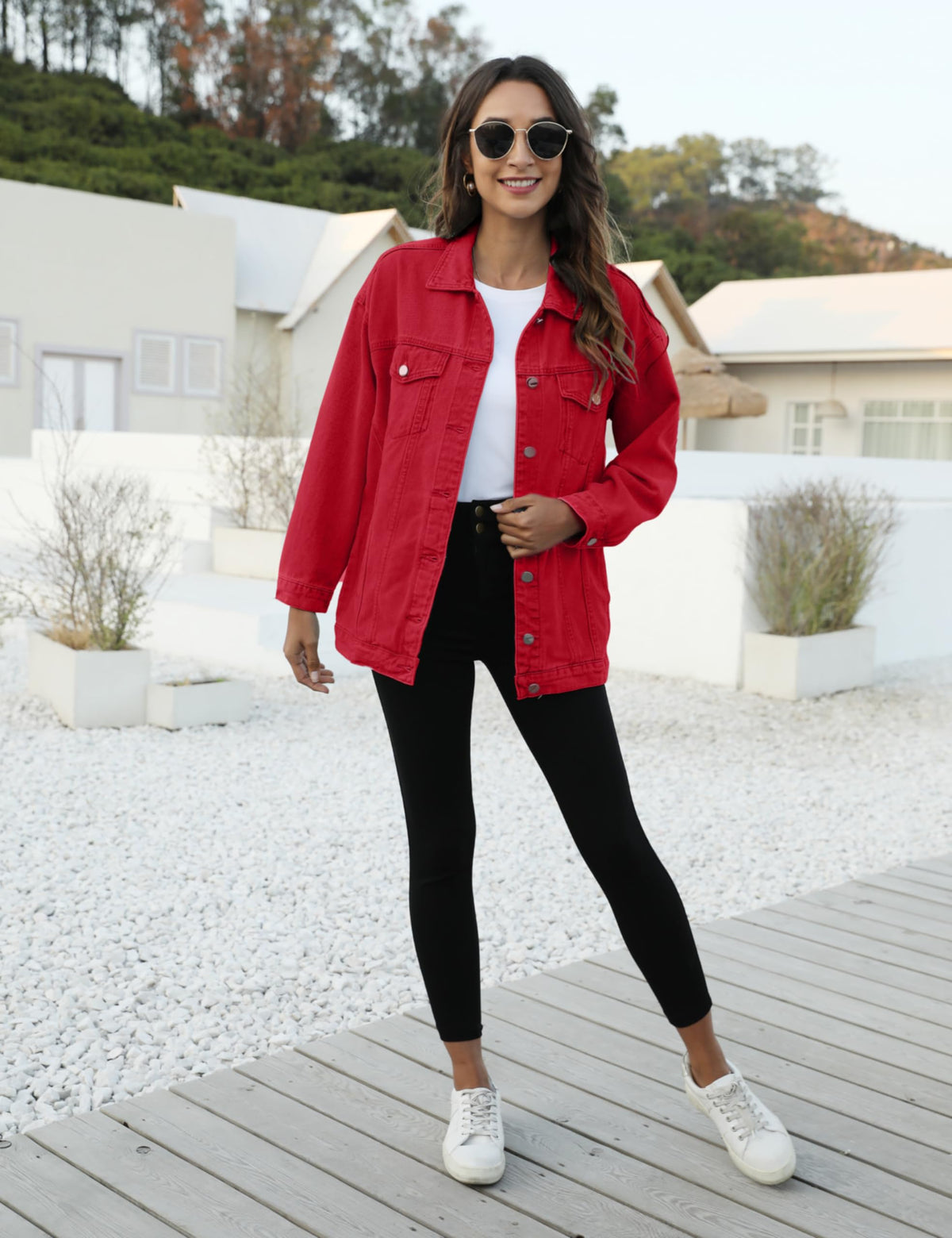 Omoone Women's Oversized Mid Long Denim Jacket Jean Biker Coat(0199-red-m)