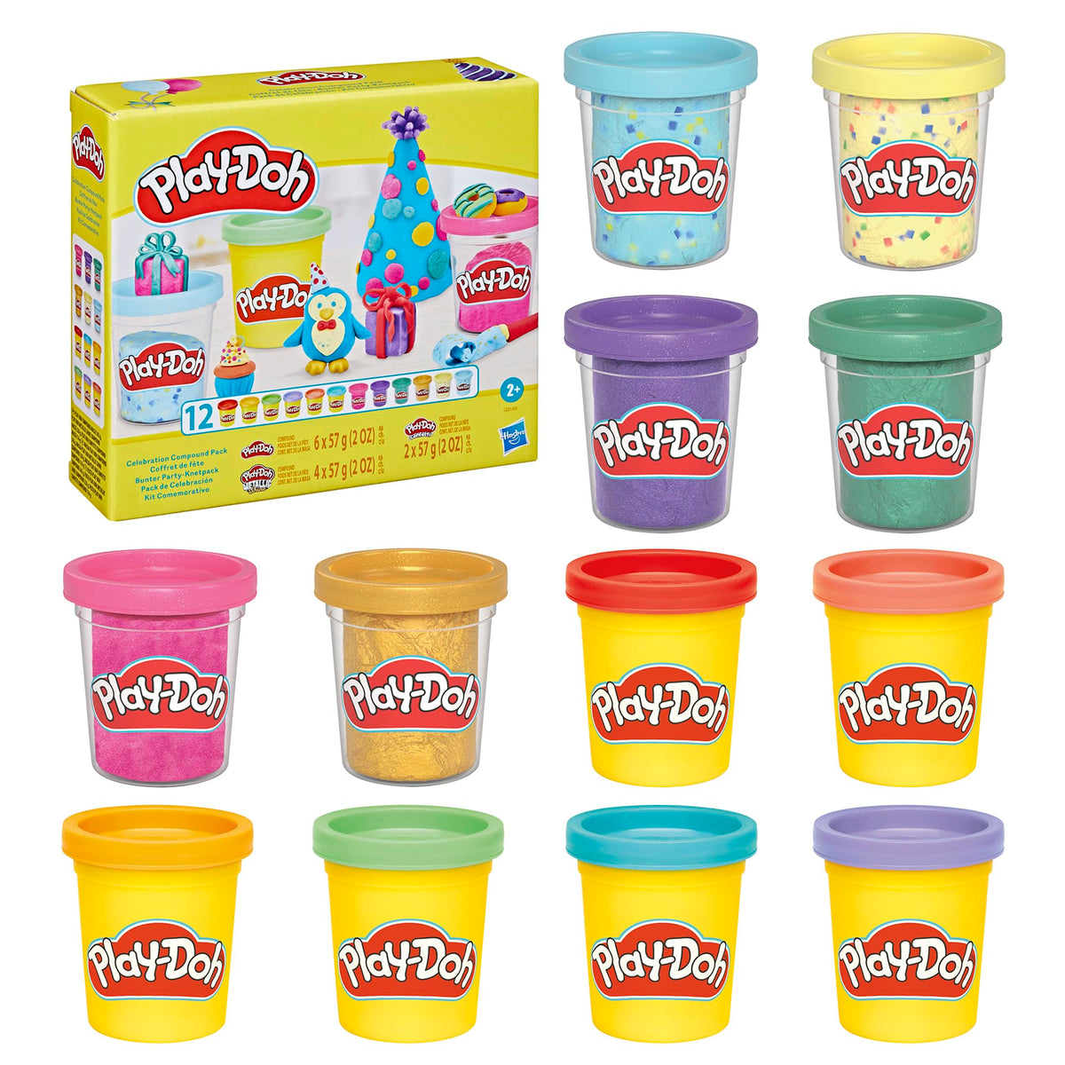 Play-Doh 12 Pack Celebration Compound, Includes Confetti & Metallic Shine, Assort. Colors, Back to School Gifts, Prizes, & Party Favors, Kids Arts & Crafts, Preschool Toys, Ages 3+