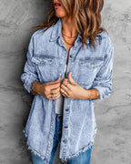 Vetinee Women's Oversized Boyfriend Roadnight Blue Front Button Up Jacket Denim