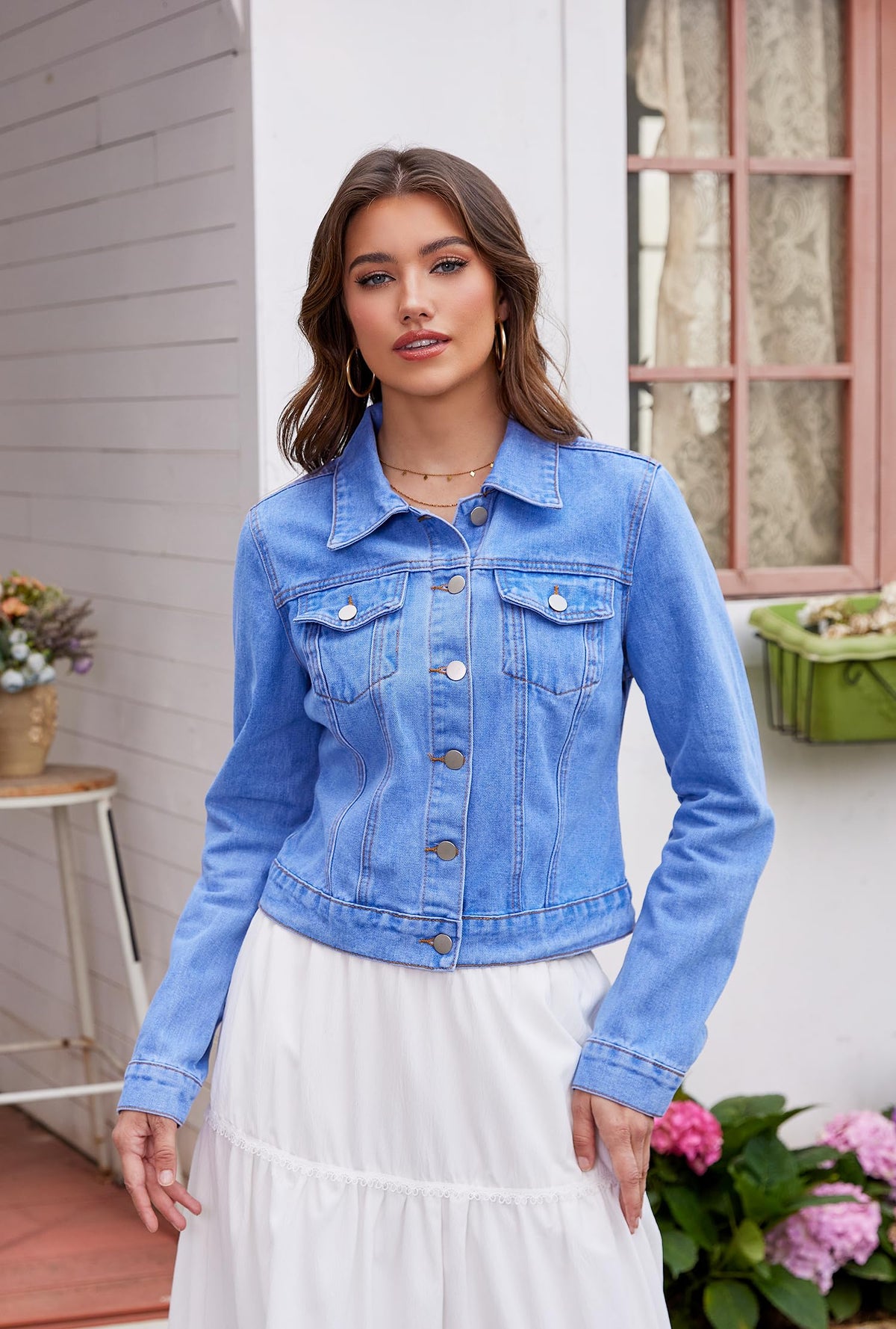 Andy & Natalie Women's Denim Jackets Trendy Long Sleeve Basic Button Down Crop Jean Cornflower Blue Large
