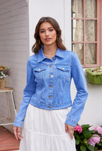 Andy & Natalie Women's Denim Jackets Trendy Long Sleeve Basic Button Down Crop Jean Cornflower Blue Small
