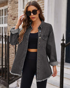 Vetinee Women's Oversized Button Up Frayed Hem Shacket Long Sleeve Pockets Denim Jacket - Smoky Gray