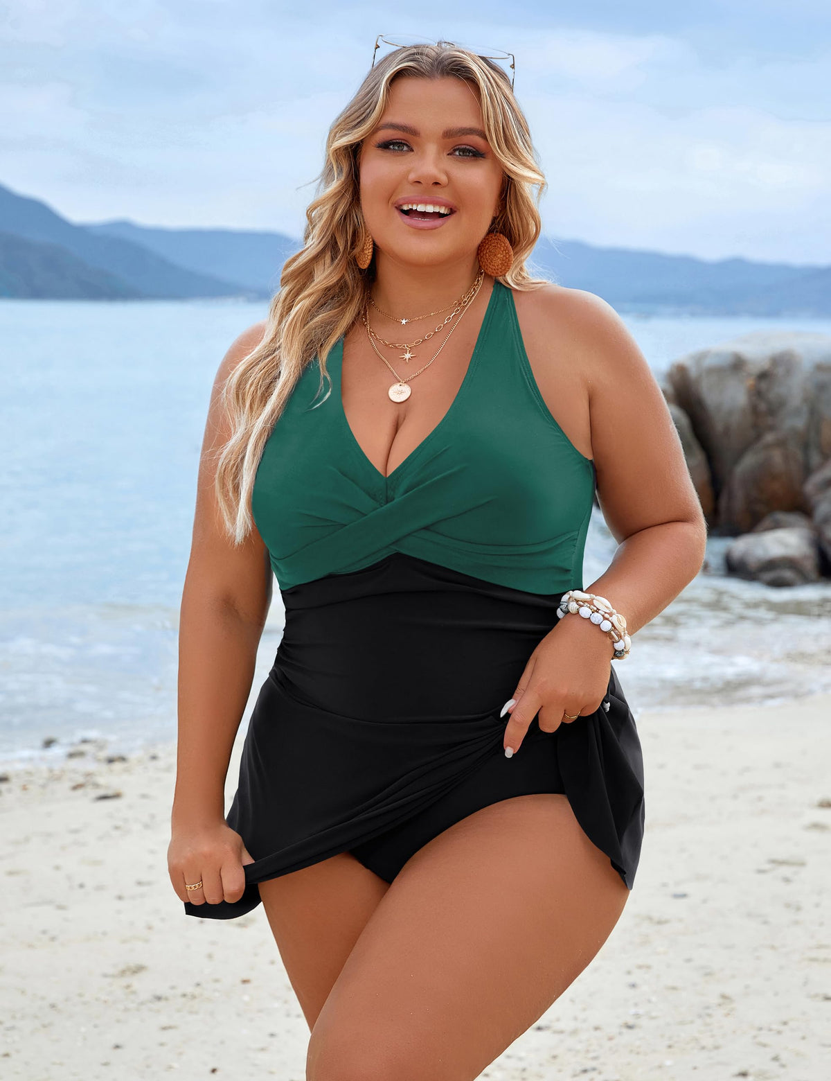 Blooming Jelly Women Plus-Size Swimdress One-Piece - Black Green 02