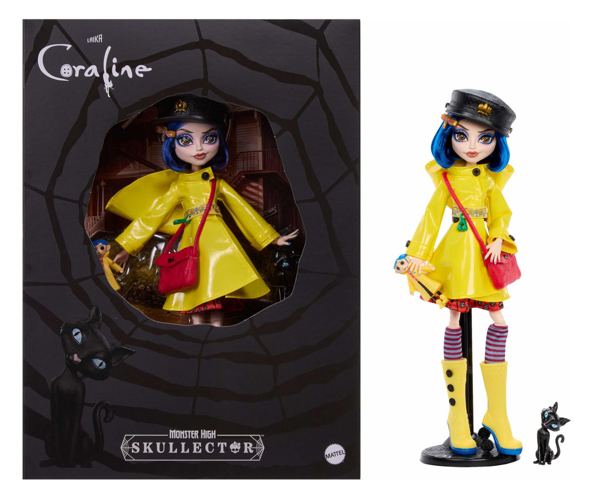 Monster High Skullector Doll, Coraline Collectible in Yellow Raincoat with Dress and Accessories Like Rag Doll, Cat Figure, and Doll Stand