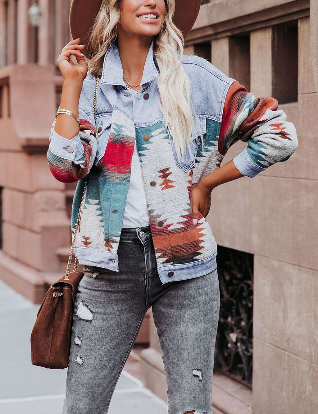 Women's Lumister Aztec Denim Jacket Distressed Lapel Long Sleeve Vintage Button Down Shacket(0007-lightblue-s) - Light Blue