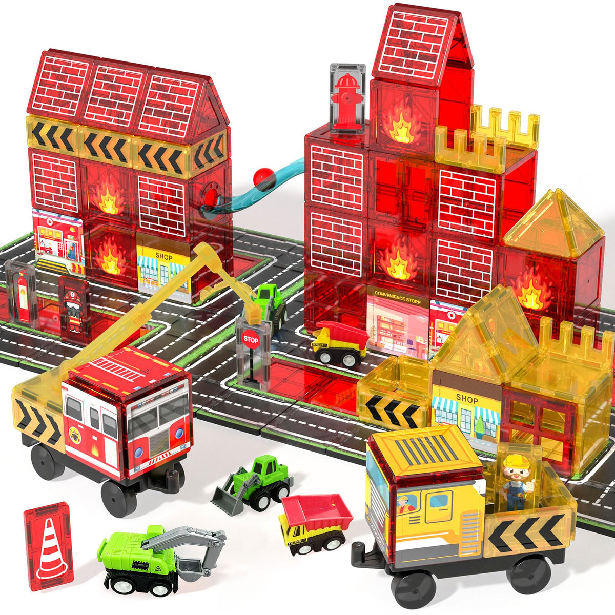 Magnetic Tiles for Kids, 56PCS Construction Magnet Tiles with Fire Truck Station, Building, Road, Crane, Car Truck - STEM Magnetic Blocks for Kids Ages 4-8, Toys for 4 5 Year Old Boys Birthday Gifts