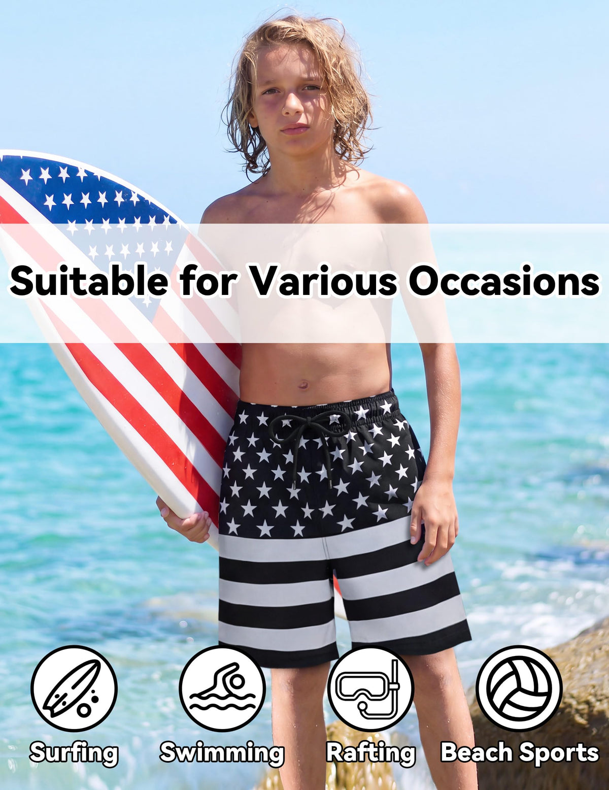 Olreco Boys Bathing Suit Size 7 Boys American Flag Swim Trunks Boys Fourth of July Swim Trunks Kids Swim Shorts Boys Swim Suit
