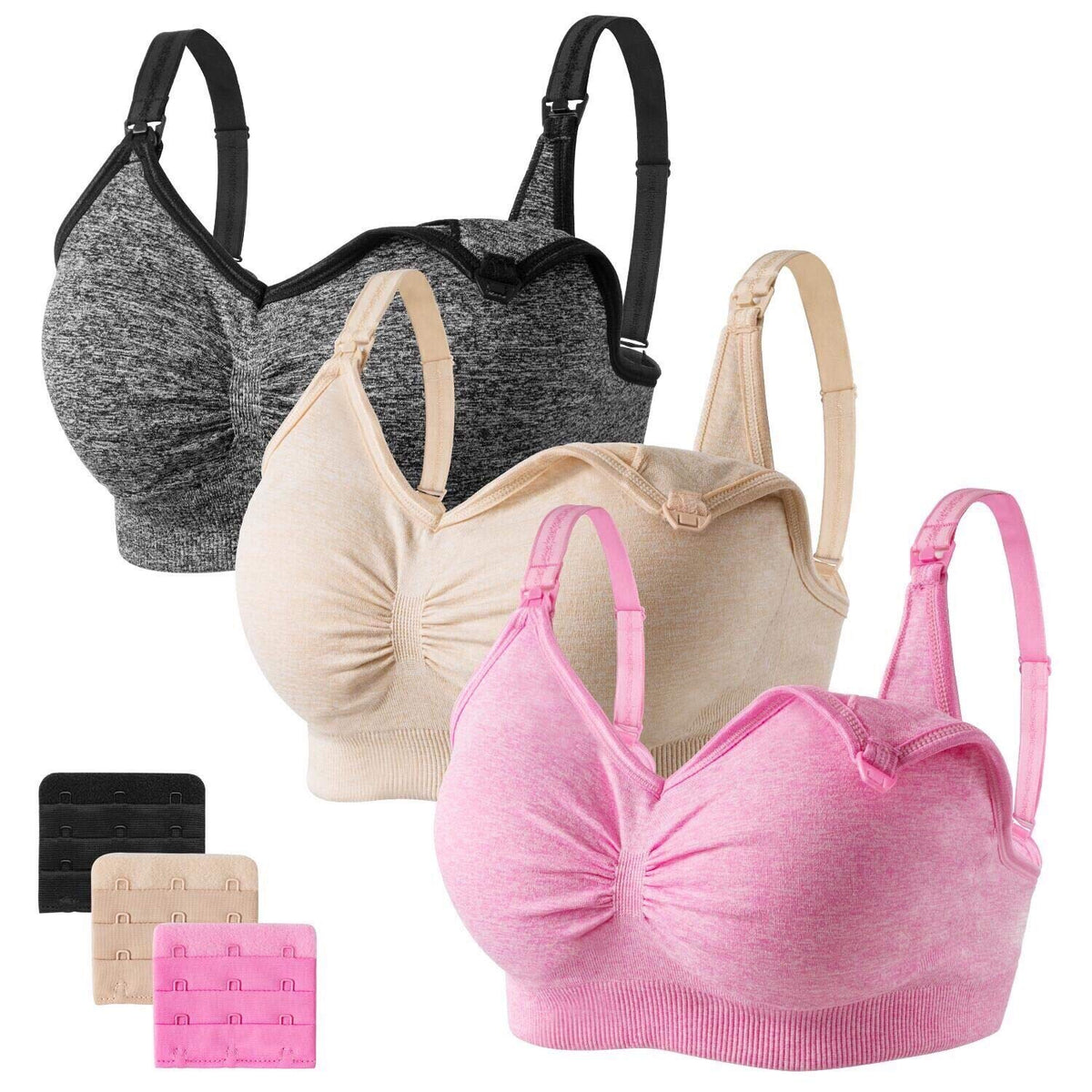 Angelhood Women's Seamless Sleep ,breastfeeding with Remove Pads Extenders Pack of 3, Black/nude/pink, Xx-large Nursing Bra