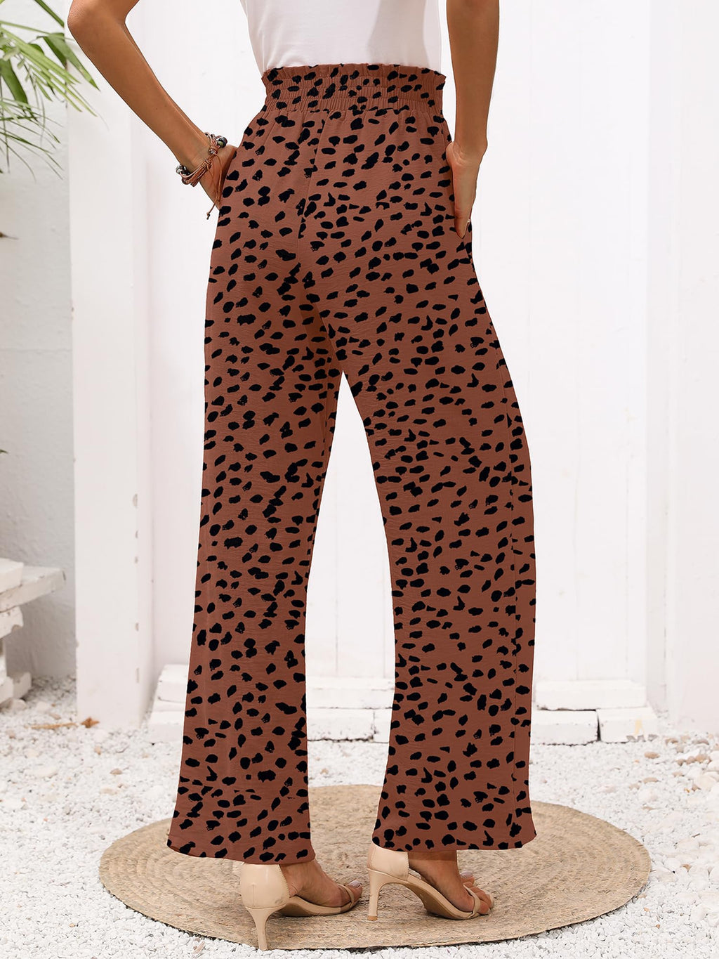 Heymoments Women's Wide-Leg Lounge Pants With Pockets Coffee Leopard