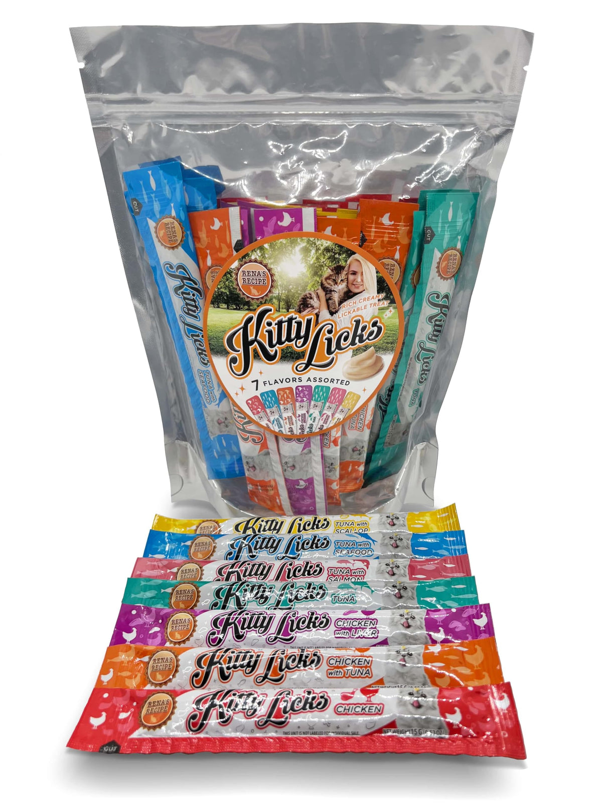 Rena's Recipe Kitty Licks Lickable Cat Treats Variety Pack 28 Tubes Creamy Cat Treat Purée 7 Flavors Tuna Chicken Grain Free Cat Squeeze Treats