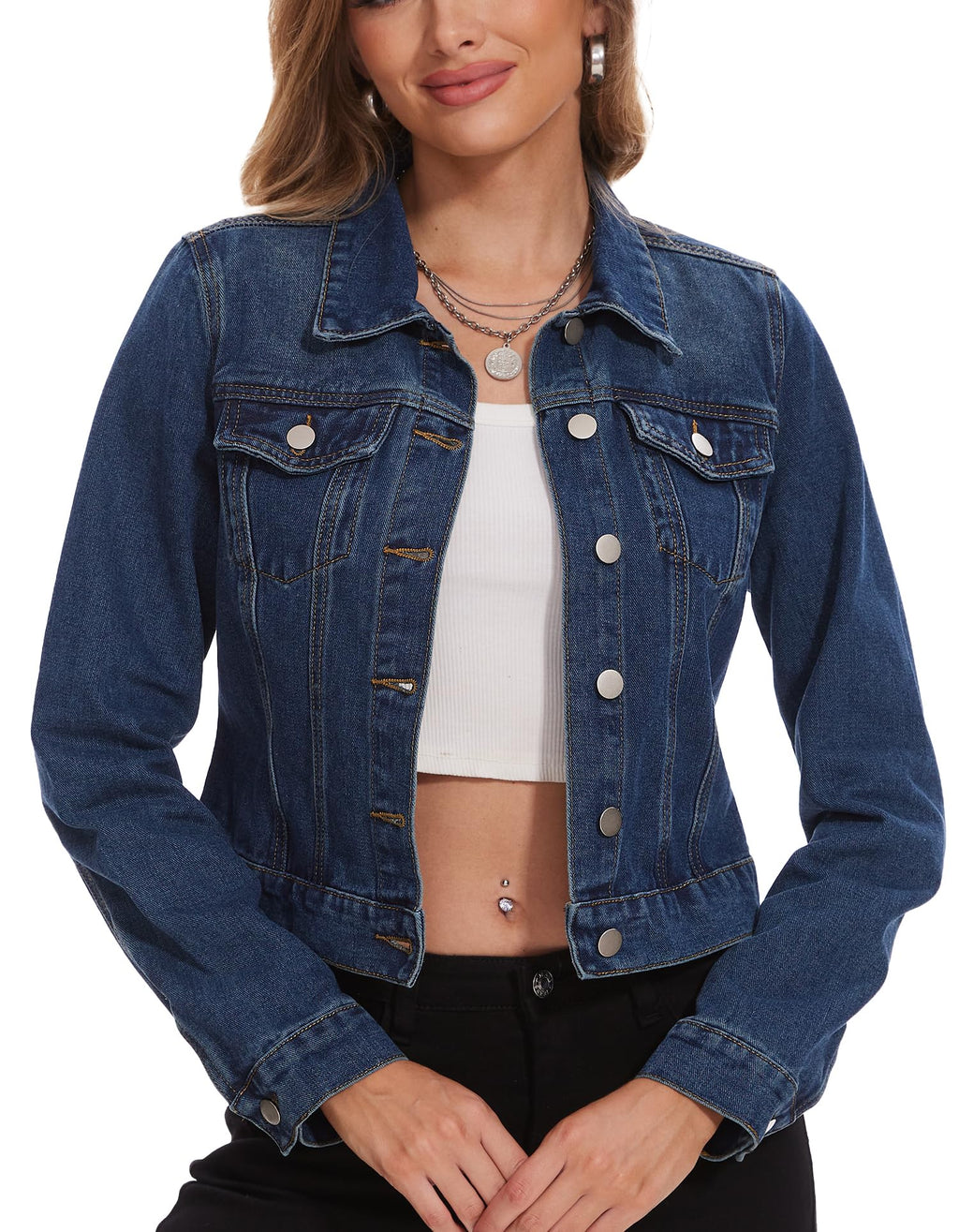 Andy & Natalie Jean Jacket Women Fashion Denim Jackets Trendy Long Sleeve Basic Button Down Cropped Shacket Outerwear Coat With Pockets