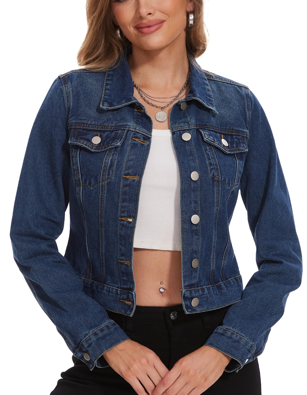 Andy & Natalie Jean Jacket Women Fashion Denim Jackets Trendy Long Sleeve Basic Button Down Cropped Shacket Outerwear Coat With Pockets