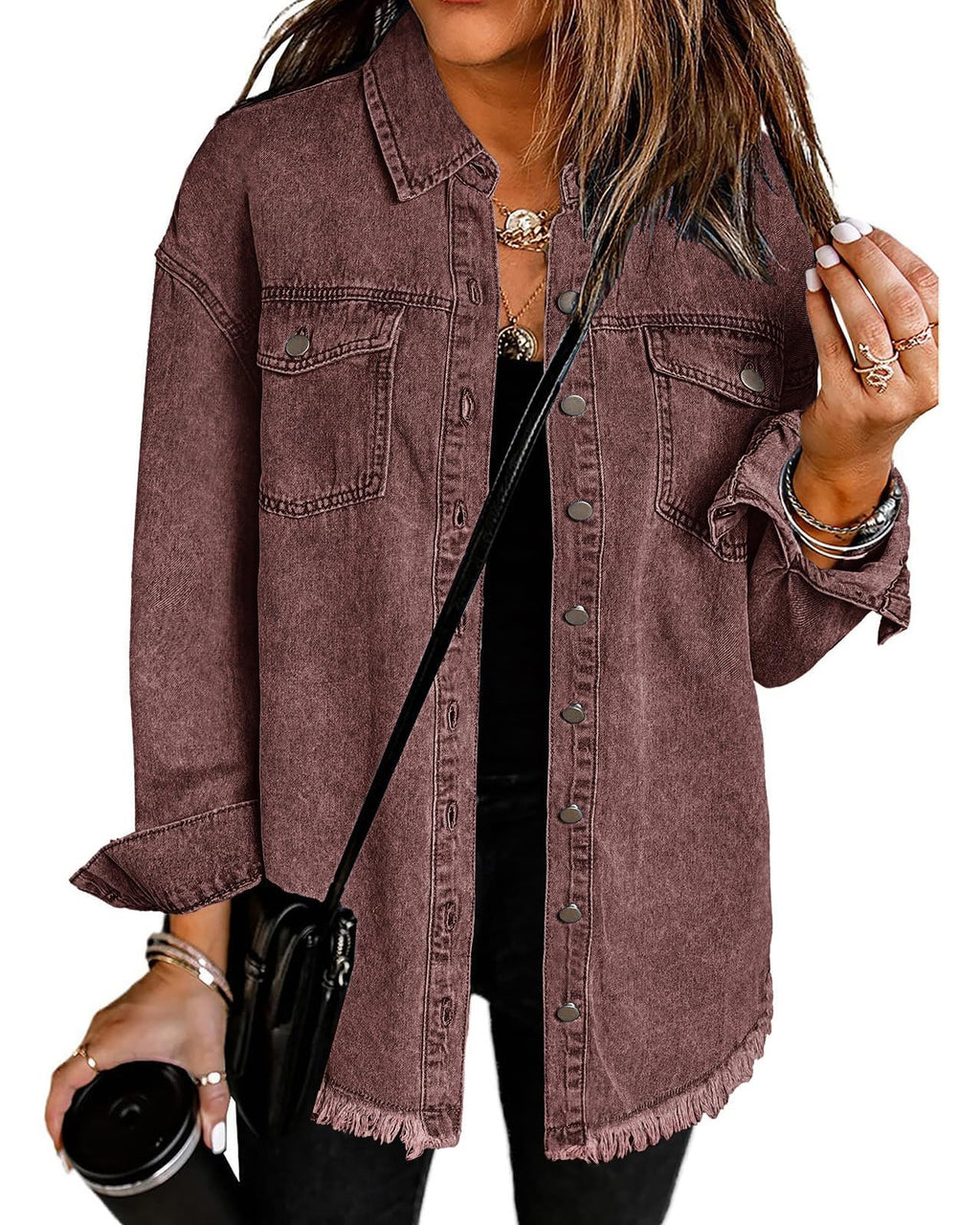 Vetinee Women's Oversized Boyfriend Brown Stone Front Button Up Frayed Raw Hem Long Sleeve Pockets Denim Jean Jacket Shacket Medium Size 8