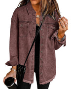 Vetinee Women's Oversized Boyfriend Brown Stone Front Button Up Frayed Raw Hem Long Sleeve Pockets Denim Jean Jacket Shacket Medium Size 8