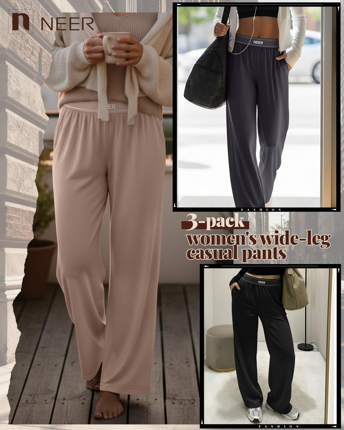 Neer 3 Pack Women's Cotton Lounge High-Waisted Pants - Black, Coffe,