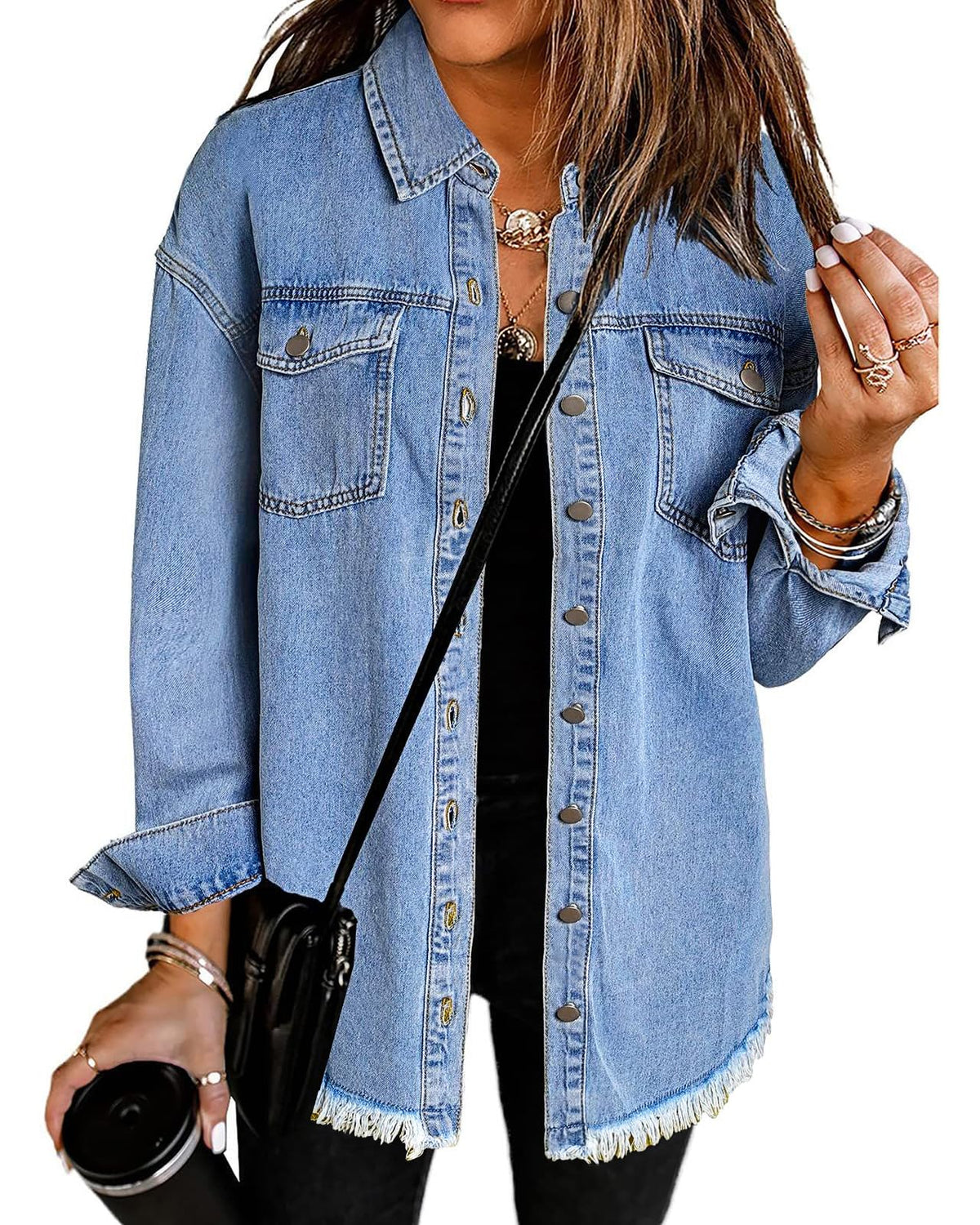 Vetinee Tops For Women Oversized Boyfriend Wave Blue Front Button Up Jacket Denim