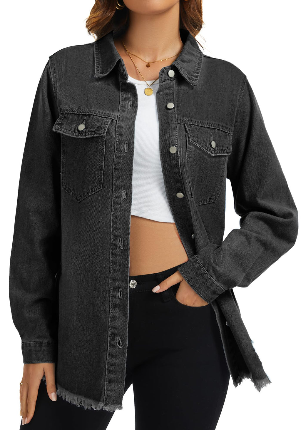 Bosmeer Women's Jean Jacket Trendy Button Down Casual Shacket Oversized Long Sleeve Distressed Summer Jackets Coat Country Westernoutfits