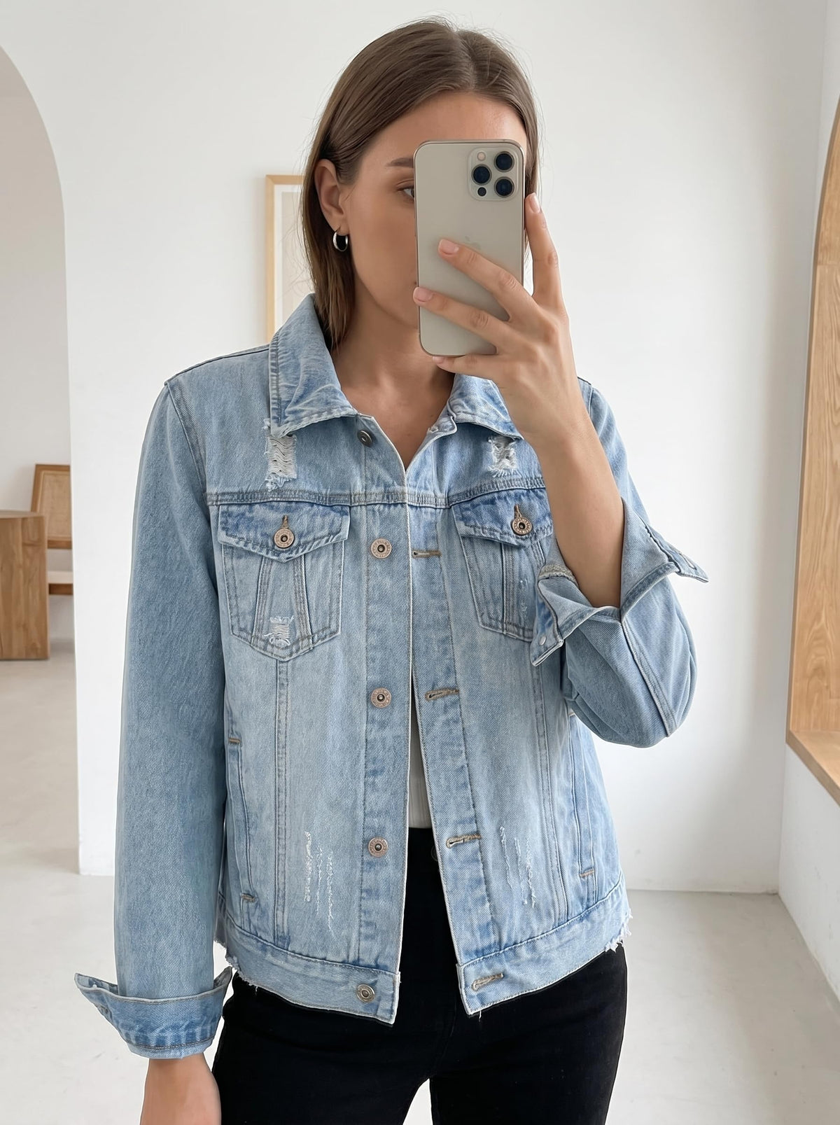 Kedera Womens Denim Jackets Distressed Ripped Long Sleeve Jean Jacket Coats - Sky Blue