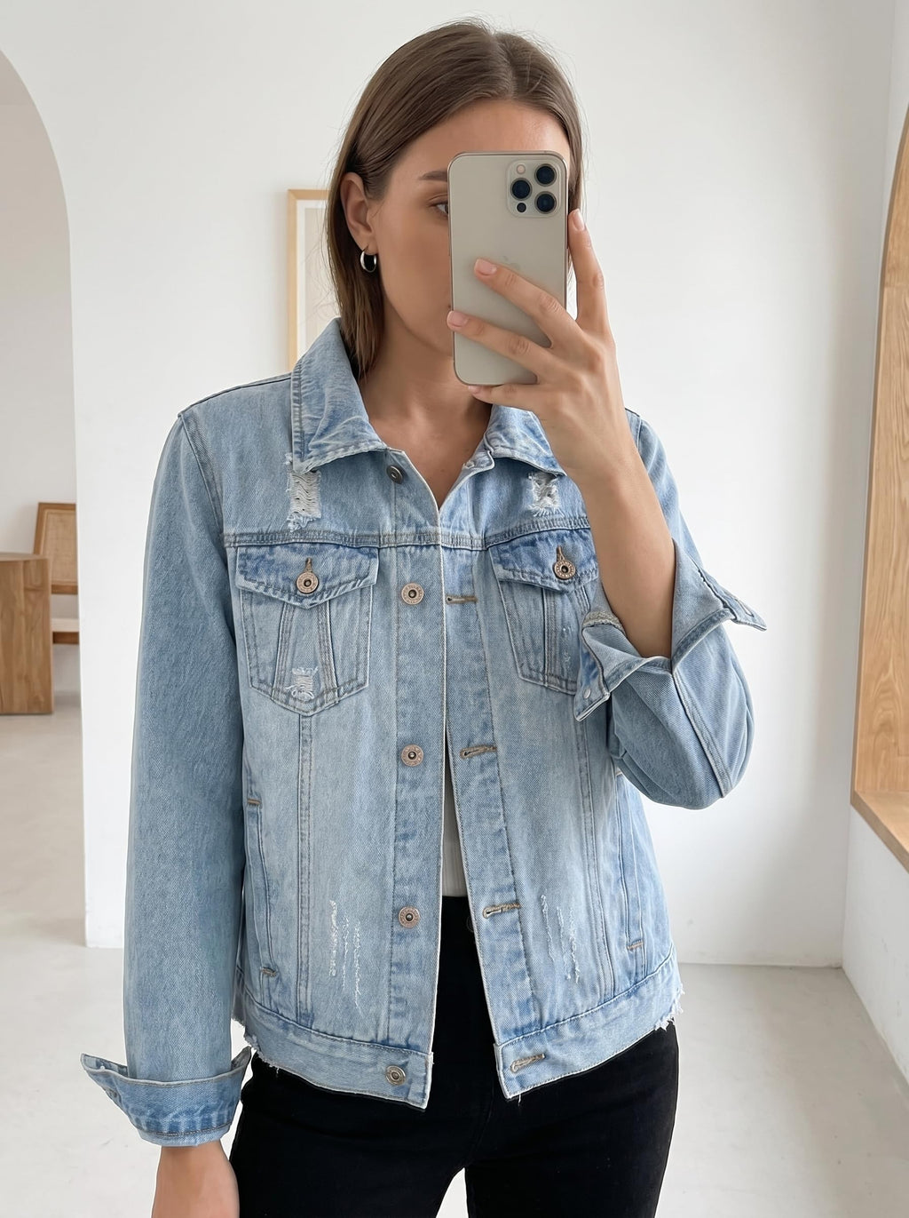 Kedera Womens Denim Jackets Distressed Ripped Long Sleeve Jean Jacket Coats - Sky Blue
