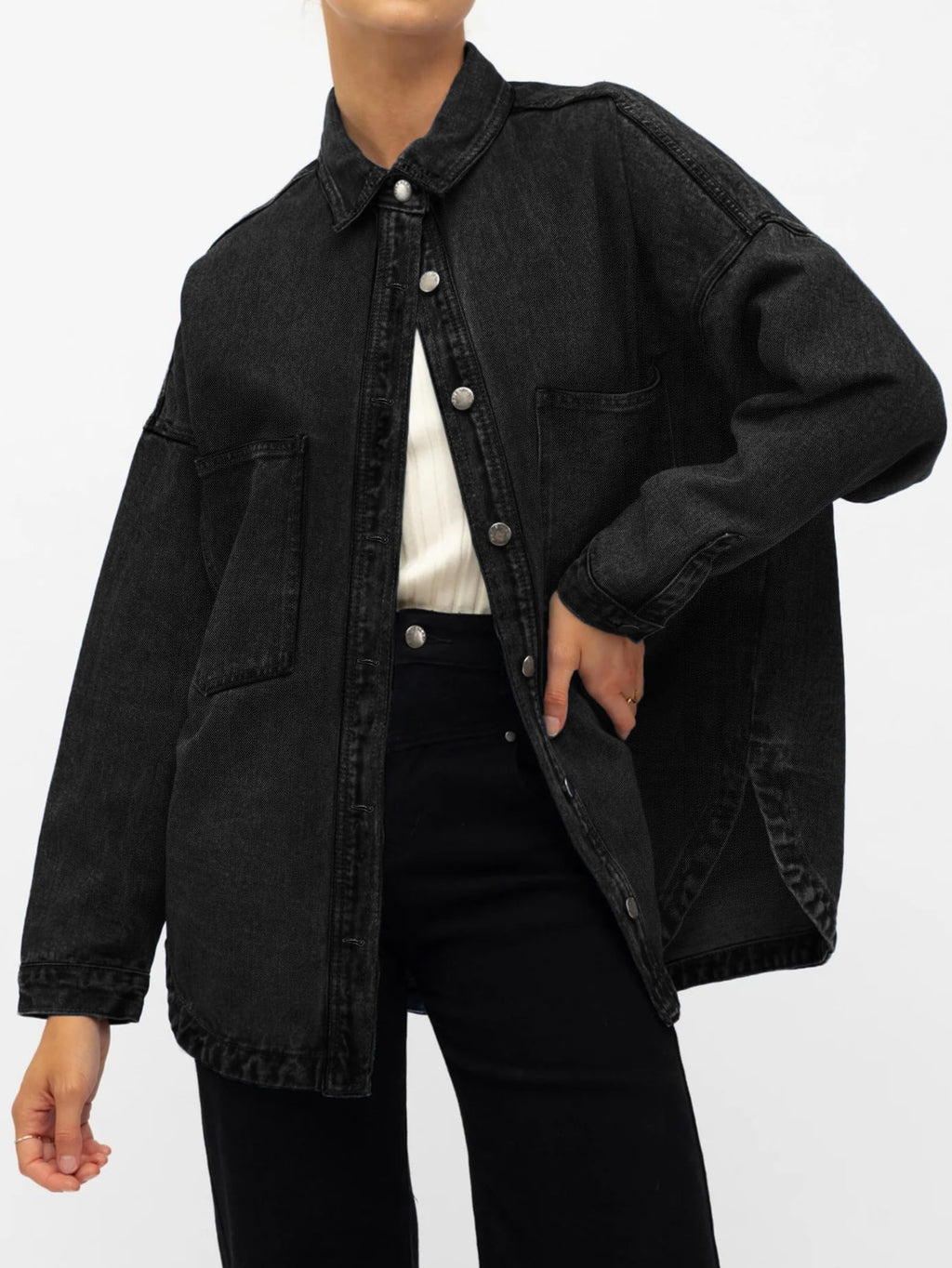 Emmiol Women Denim Shirts Oversized Long Sleeve Button Down Blouse Distresse Jean Jacket Fall Outfits 2026 A2 Black,xs