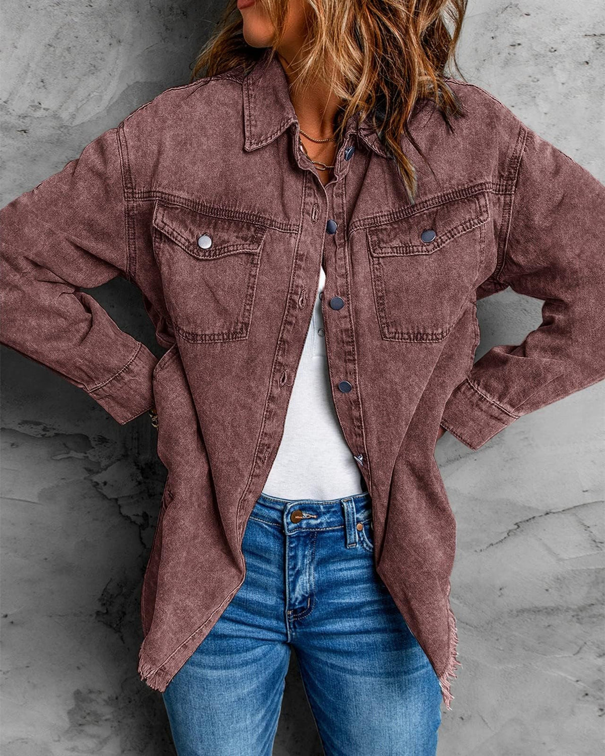Vetinee Women's Oversized Boyfriend Brown Stone Front Button Up Frayed Raw Hem Long Sleeve Pockets Denim Jean Jacket Shacket X-large Size