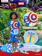 Disney Marvel Captain America Boys Swim Set Birthday Party Swimsuit 2 Pcs Sand Bathing Suit Kids Swimwear Set Summer Rash Guard Shirts & Swim Trunks Blue Little Boy Swimming Clothing UPF 50+ 3-4 Years