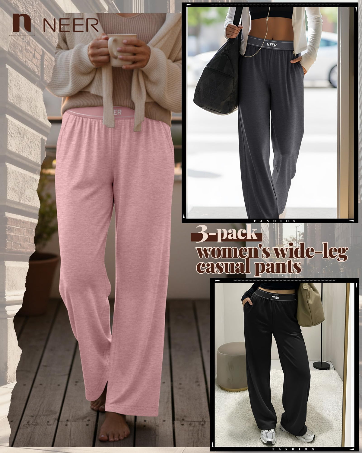 Neer 3 Pack Women's Cotton Lounge High-Waisted Pants - Style 20