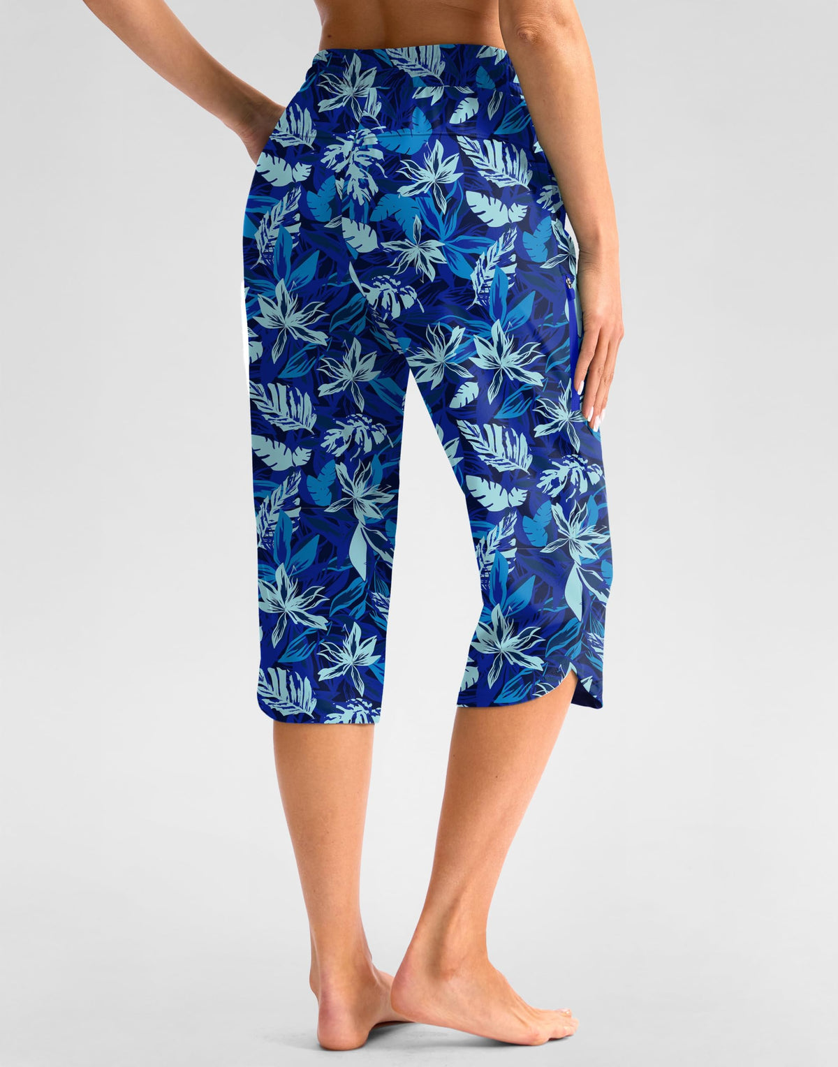 Viodia Women's 18" Plus-Size Modest Swim Capris Pants Deep Blue Leaf