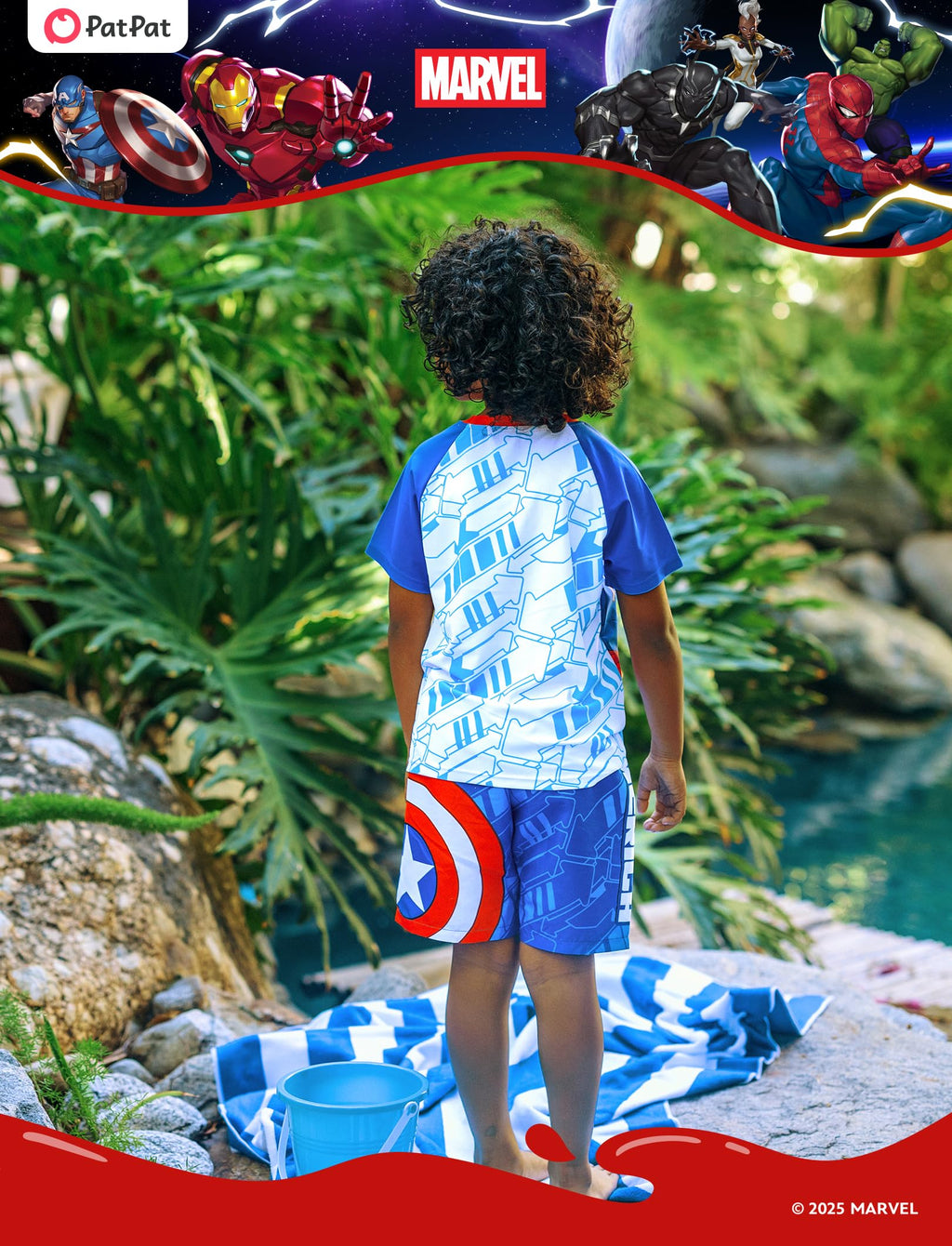 Disney Marvel Captain America Boys Swim Set Birthday Party Swimsuit 2 Pcs Sand Bathing Suit Kids Swimwear Set Summer Rash Guard Shirts & Swim Trunks Blue Little Boy Swimming Clothing UPF 50+ 3-4 Years