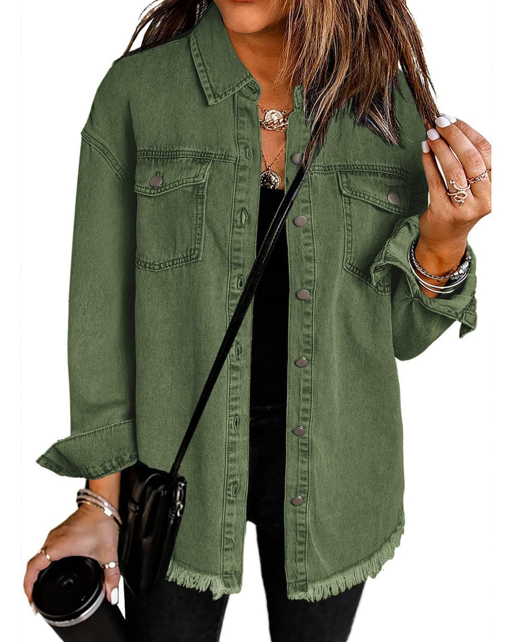 Vetinee Women's Oversized Boyfriend Elm Green Front Button Up Frayed Raw Hem Long Sleeve Pockets Denim Jean Jacket Shacket Xsmall Size 0 2