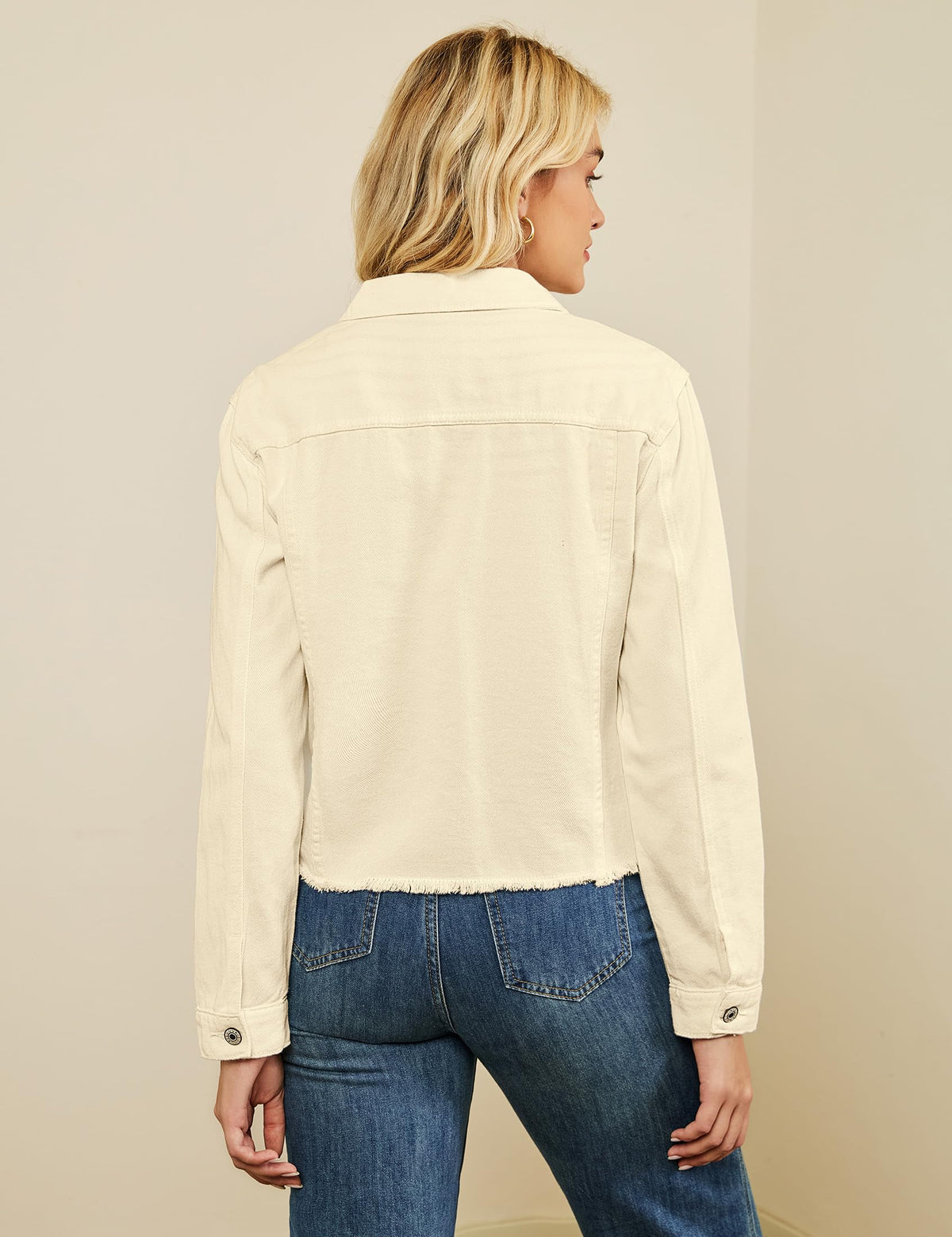 Luvamia Denim Jacket For Women Distressed Jean Jackets Button Up Vintage Western Trucker Frayed Hem Pockets Vanilla X-large